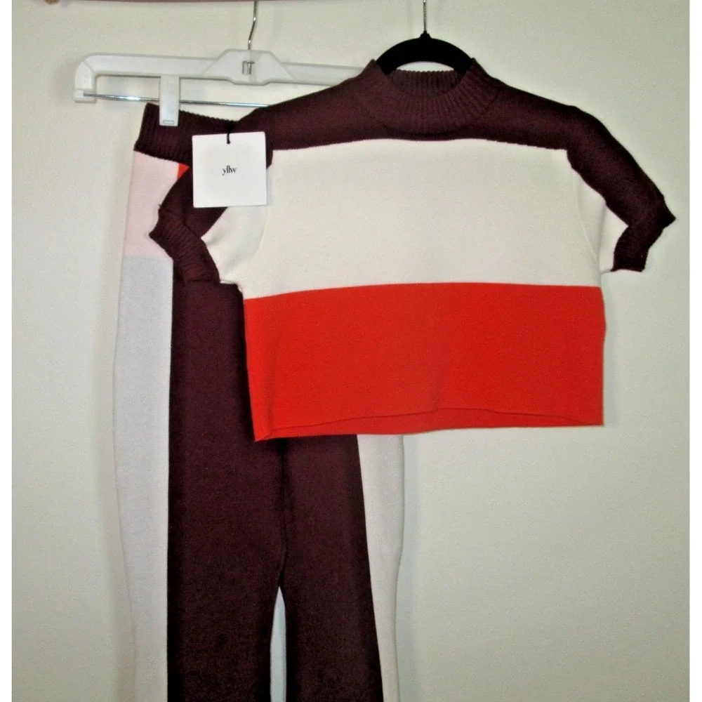 YLLW  Set Colorblock Size XS/S Burgundy Orange Knit‎ Cropped Top Flare Pants - Picture 9 of 12